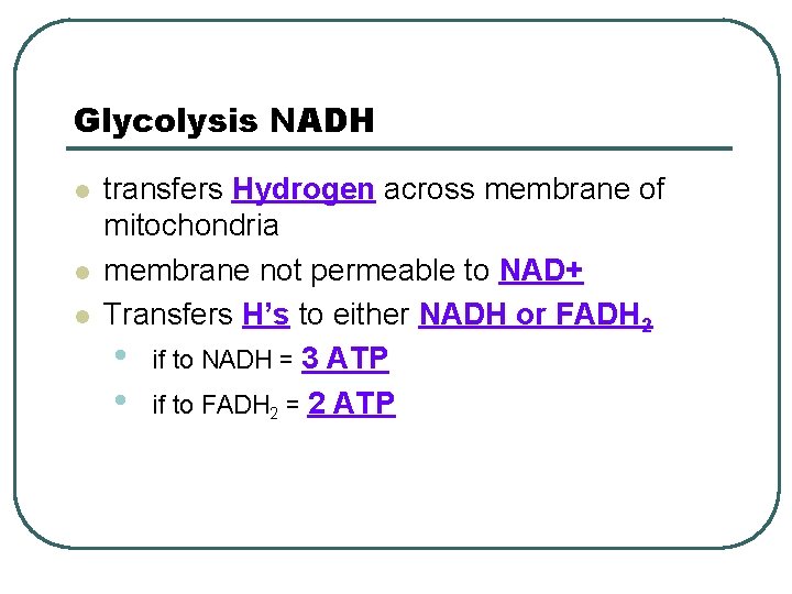 Glycolysis NADH l l l transfers Hydrogen across membrane of mitochondria membrane not permeable