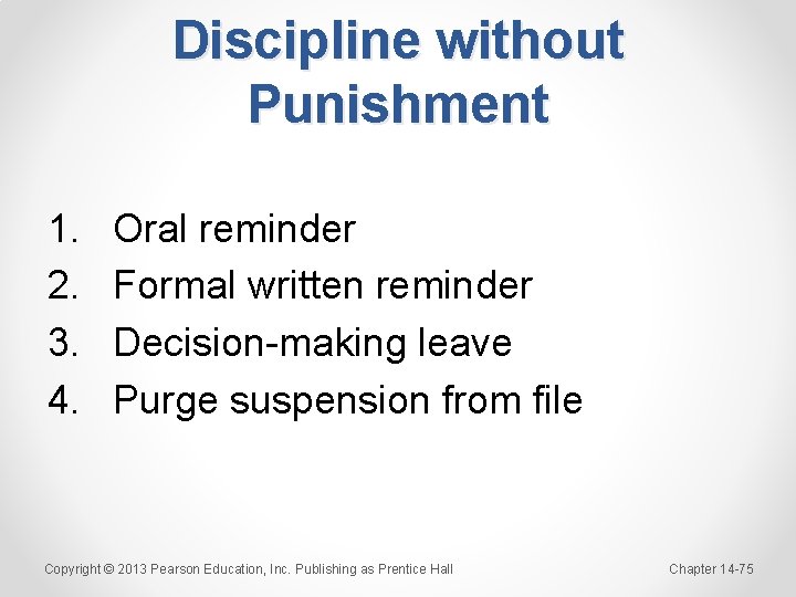 Discipline without Punishment 1. 2. 3. 4. Oral reminder Formal written reminder Decision-making leave