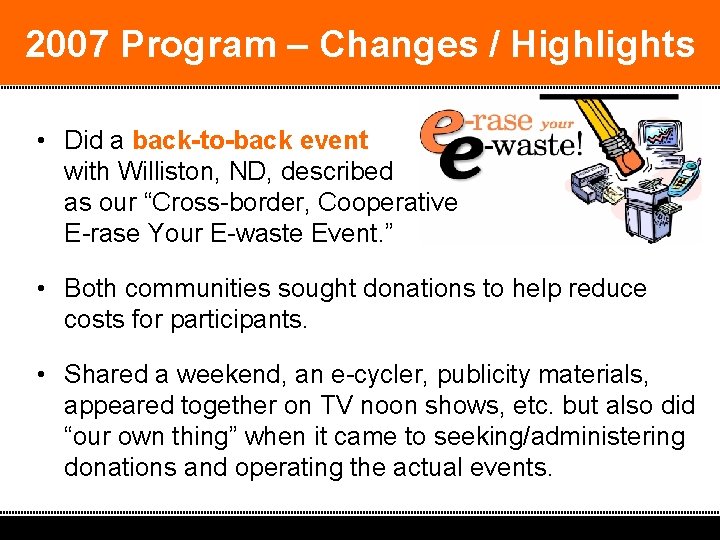 2007 Program – Changes / Highlights • Did a back-to-back event with Williston, ND,