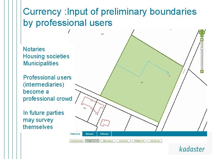 Currency : Input of preliminary boundaries by professional users Notaries Housing societies Municipalities Professional Currency : Input of preliminary boundaries by professional users Notaries Housing societies Municipalities Professional