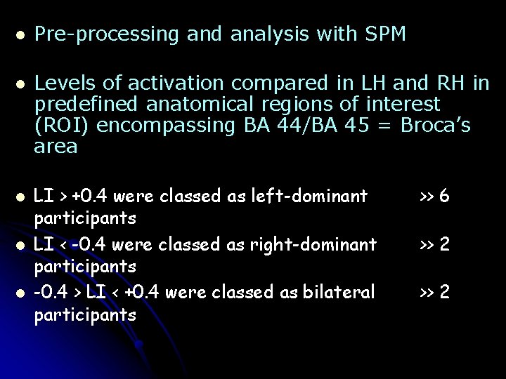 l Pre-processing and analysis with SPM l Levels of activation compared in LH and