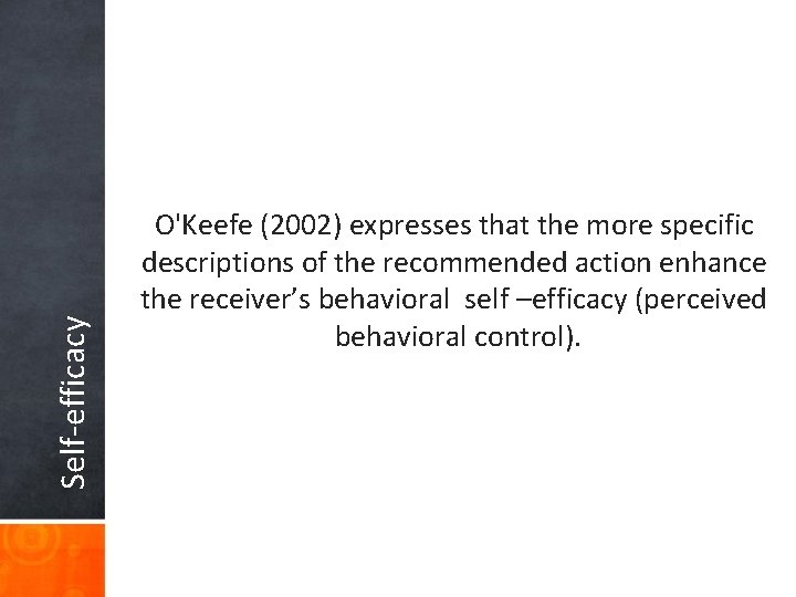 Self-efficacy O'Keefe (2002) expresses that the more specific descriptions of the recommended action enhance