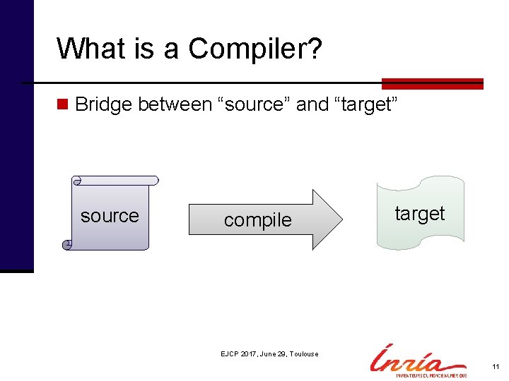 What is a Compiler? n Bridge between “source” and “target” source compile target EJCP