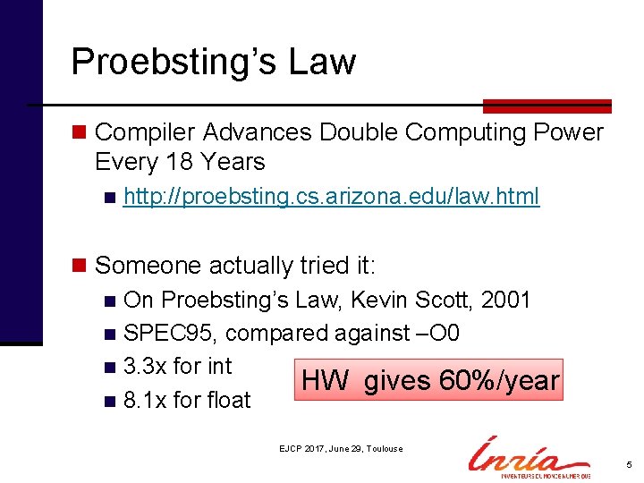 Proebsting’s Law n Compiler Advances Double Computing Power Every 18 Years n http: //proebsting.