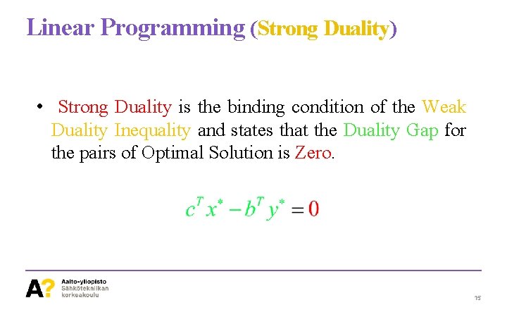 Linear Programming (Strong Duality) • Strong Duality is the binding condition of the Weak
