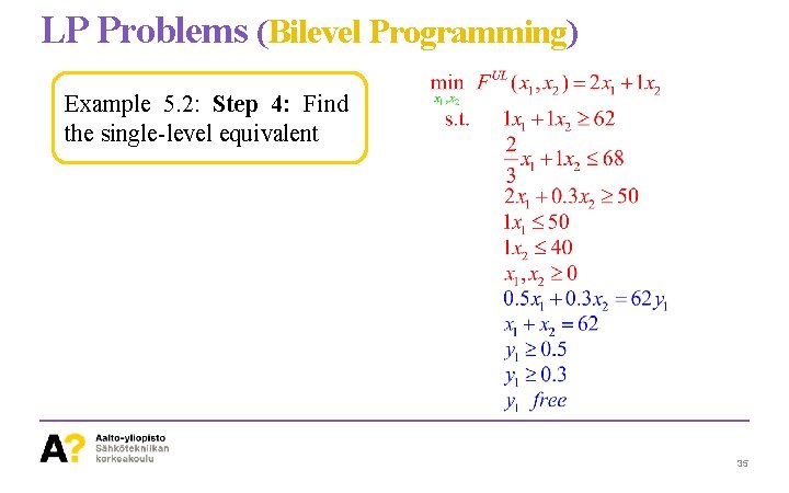 LP Problems (Bilevel Programming) Example 5. 2: Step 4: Find the single-level equivalent 35