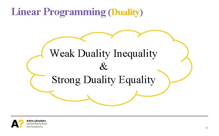 Linear Programming (Duality) Weak Duality Inequality & Strong Duality Equality 9 