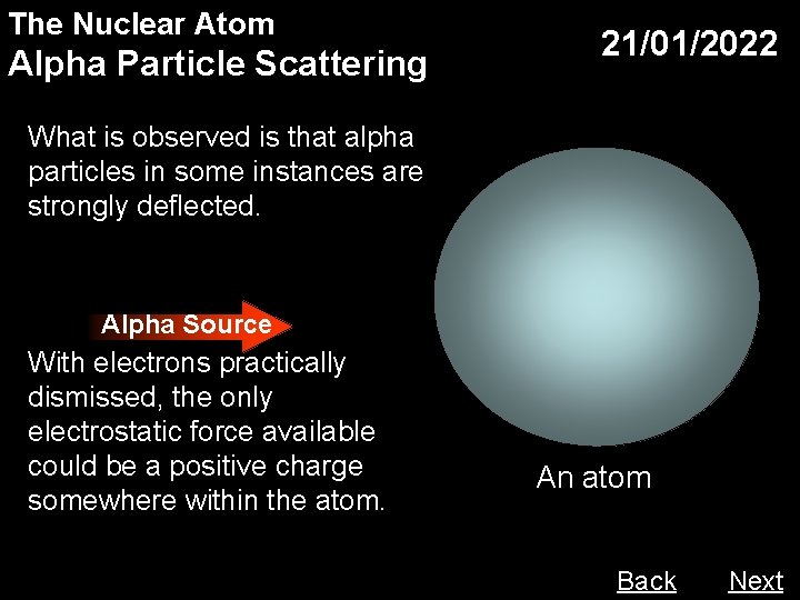 The Nuclear Atom Alpha Particle Scattering 21/01/2022 What is observed is that alpha particles