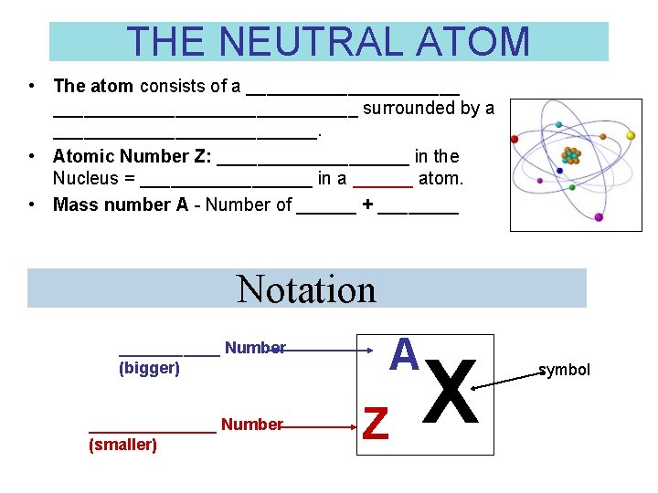 THE NEUTRAL ATOM • The atom consists of a __________________________ surrounded by a _____________.