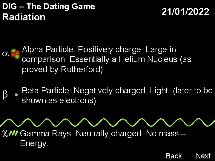 DIG – The Dating Game Radiation 21/01/2022 Alpha Particle: Positively charge. Large in comparison.