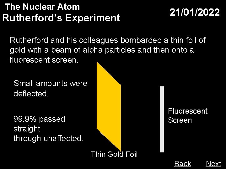 The Nuclear Atom Rutherford’s Experiment 21/01/2022 Rutherford and his colleagues bombarded a thin foil