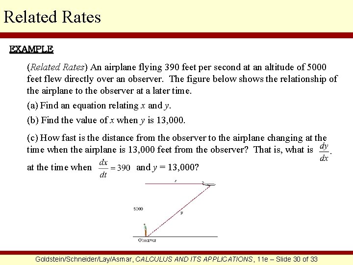 Related Rates EXAMPLE (Related Rates) An airplane flying 390 feet per second at an