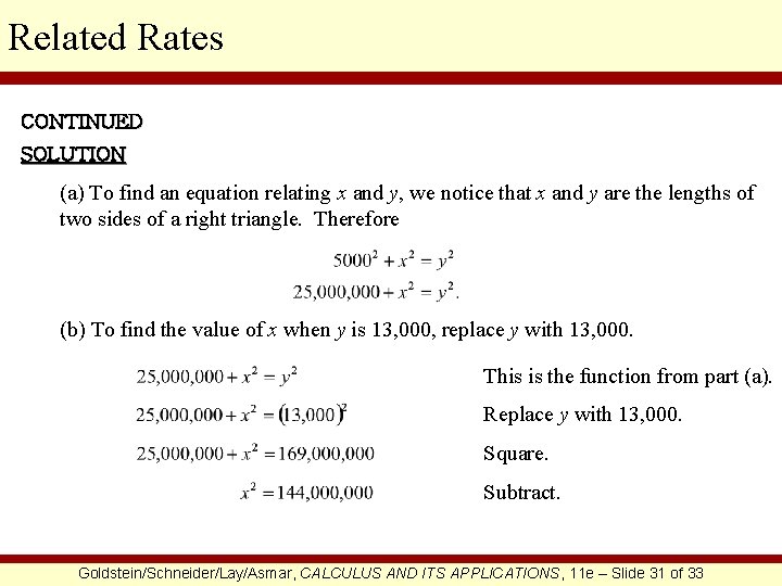 Related Rates CONTINUED SOLUTION (a) To find an equation relating x and y, we