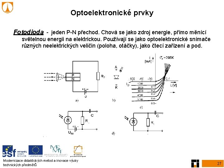 Optoelektronické prvky Fotodioda - jeden P-N přechod. Chová se jako zdroj energie, přímo měnící