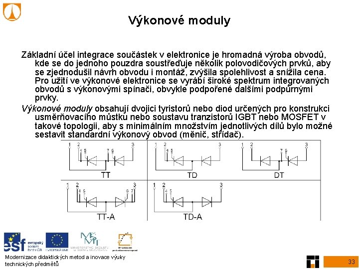 Výkonové moduly Základní účel integrace součástek v elektronice je hromadná výroba obvodů, kde se