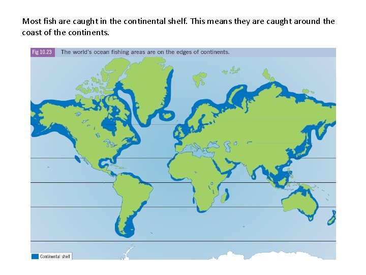 Most fish are caught in the continental shelf. This means they are caught around