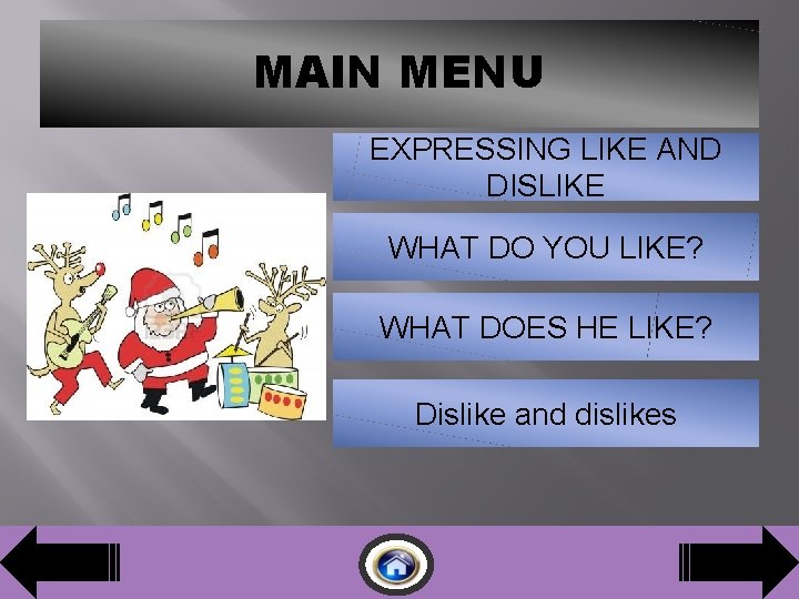 MAIN MENU EXPRESSING LIKE AND DISLIKE WHAT DO YOU LIKE? WHAT DOES HE LIKE?