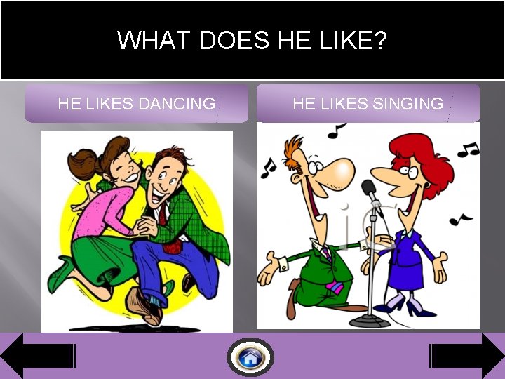 WHAT DOES HE LIKE? HE LIKES DANCING HE LIKES SINGING 