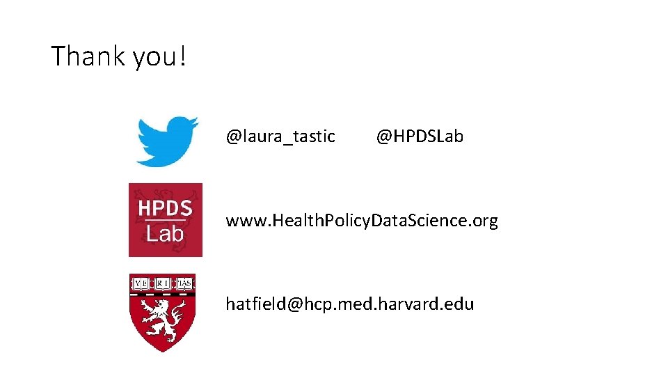 Thank you! @laura_tastic @HPDSLab www. Health. Policy. Data. Science. org hatfield@hcp. med. harvard. edu