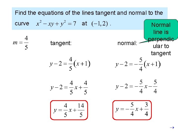 Find the equations of the lines tangent and normal to the curve at tangent: