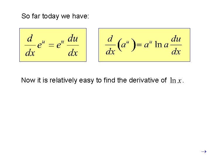 So far today we have: Now it is relatively easy to find the derivative