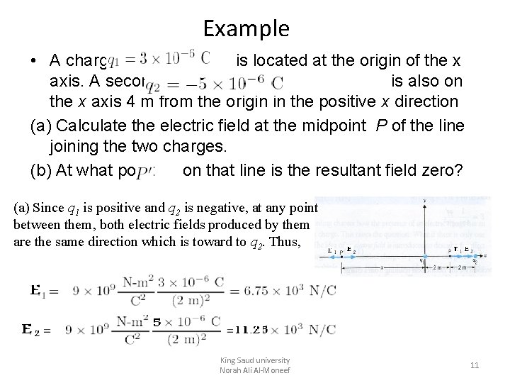 Example • A charge is located at the origin of the x axis. A