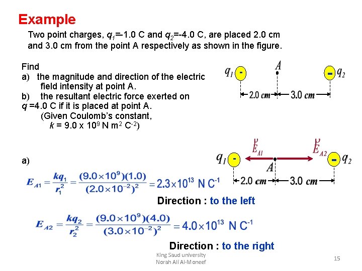 Example Two point charges, q 1=-1. 0 C and q 2=-4. 0 C, are