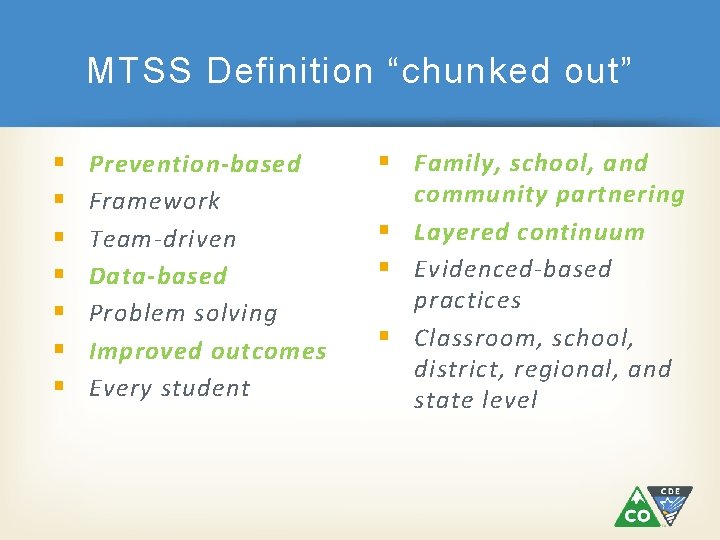 MTSS Definition “chunked out” § § § § Prevention-based Framework Team-driven Data-based Problem solving