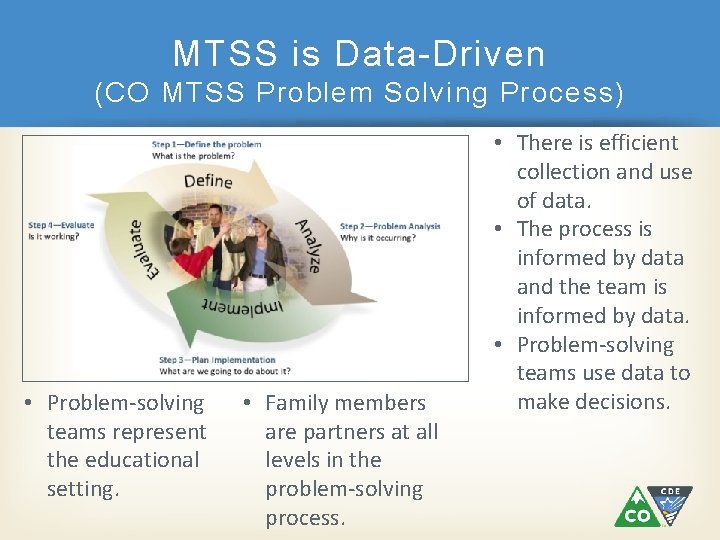 MTSS is Data-Driven (CO MTSS Problem Solving Process) • Problem-solving teams represent the educational