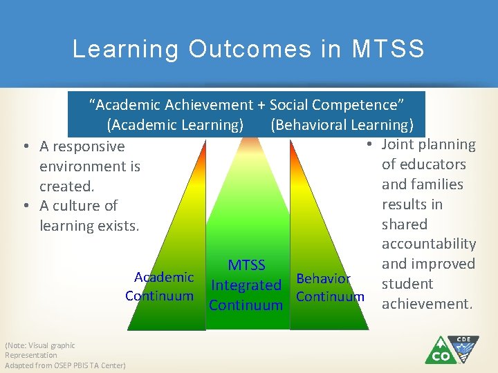 Learning Outcomes in MTSS “Academic Achievement + Social Competence” (Academic Learning) (Behavioral Learning) •