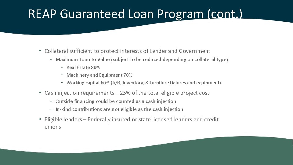 REAP Guaranteed Loan Program (cont. ) • Collateral sufficient to protect interests of Lender