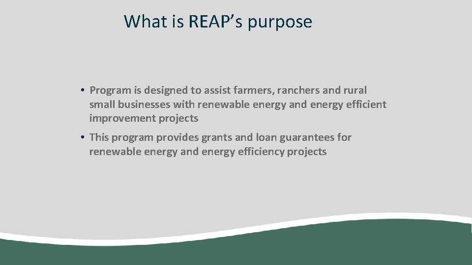 What is REAP’s purpose • Program is designed to assist farmers, ranchers and rural