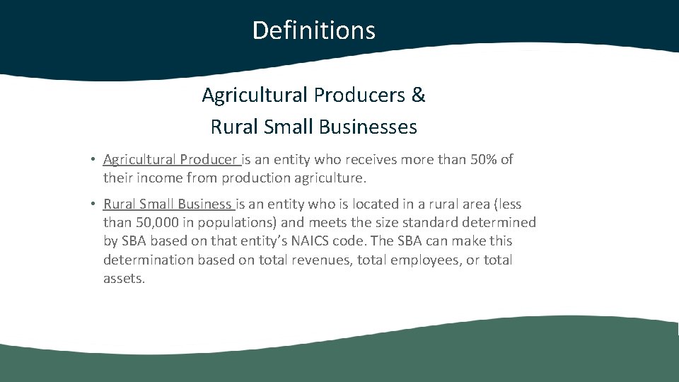 Definitions Agricultural Producers & Rural Small Businesses • Agricultural Producer is an entity who