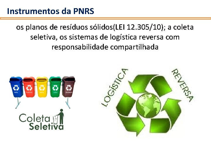 Instrumentos da PNRS os planos de resíduos sólidos(LEI 12. 305/10); a coleta seletiva, os