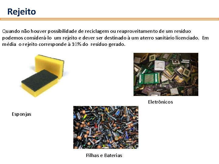 Rejeito Quando não houver possibilidade de reciclagem ou reaproveitamento de um resíduo podemos considerá-lo