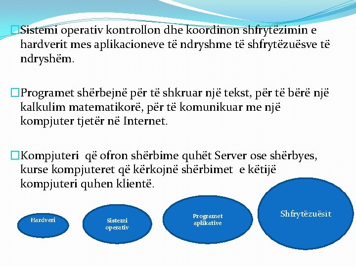 �Sistemi operativ kontrollon dhe koordinon shfrytëzimin e hardverit mes aplikacioneve të ndryshme të shfrytëzuësve �Sistemi operativ kontrollon dhe koordinon shfrytëzimin e hardverit mes aplikacioneve të ndryshme të shfrytëzuësve