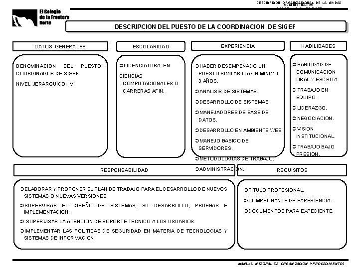 DESCRIPCION ORGANIZACIONAL DE LA UNIDAD ADMINISTRATIVA: COORDINACION DE SIGEF DESCRIPCION DEL PUESTO DE LA
