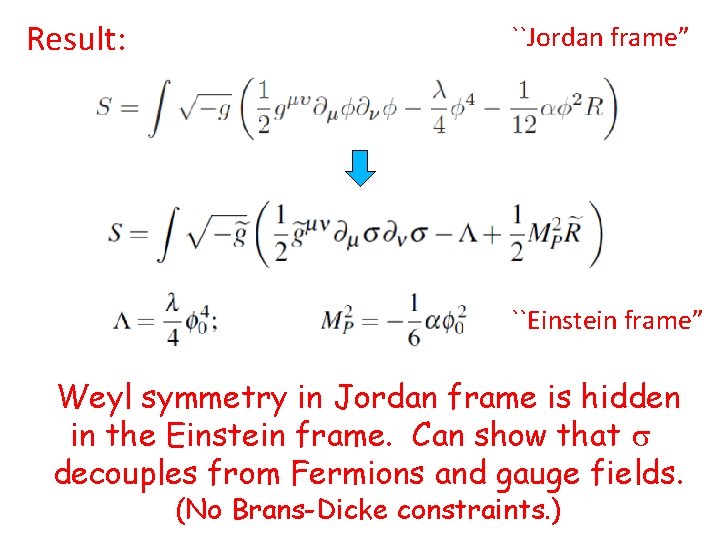 Result: ``Jordan frame” ``Einstein frame” Weyl symmetry in Jordan frame is hidden in the