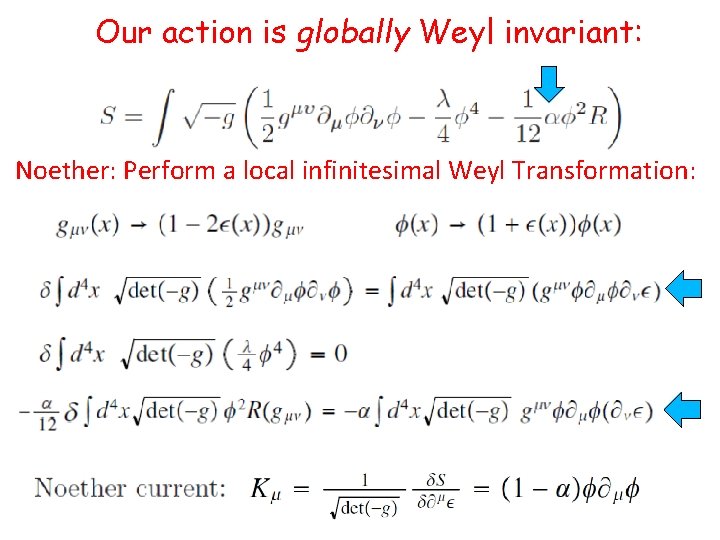 Our action is globally Weyl invariant: Noether: Perform a local infinitesimal Weyl Transformation: 