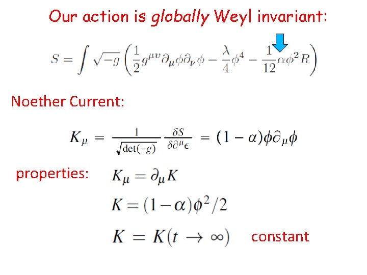 Our action is globally Weyl invariant: Noether Current: properties: constant 