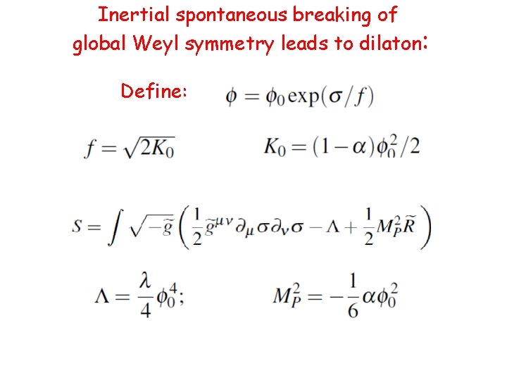 Inertial spontaneous breaking of global Weyl symmetry leads to dilaton: Define: 