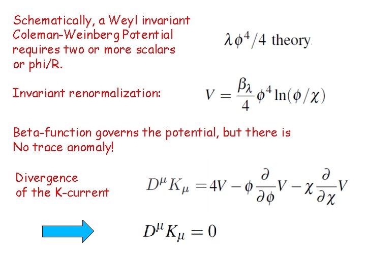 Schematically, a Weyl invariant Coleman-Weinberg Potential requires two or more scalars or phi/R. Invariant