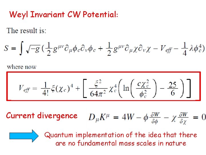Weyl Invariant CW Potential: Current divergence Quantum implementation of the idea that there are