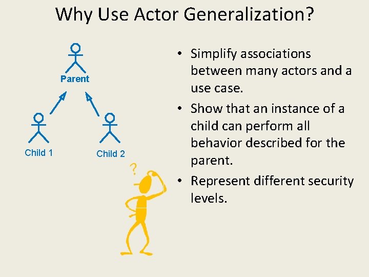 Why Use Actor Generalization? Parent Child 1 Child 2 • Simplify associations between many