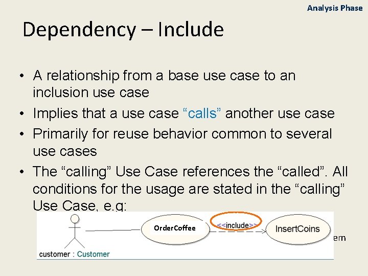 Analysis Phase Dependency – Include • A relationship from a base use case to