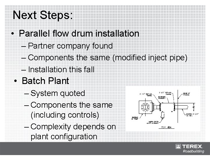 Next Steps: • Parallel flow drum installation – Partner company found – Components the