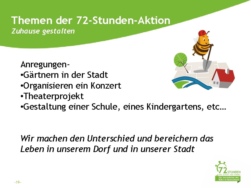 Themen der 72 -Stunden-Aktion Zuhause gestalten Anregungen • Gärtnern in der Stadt • Organisieren