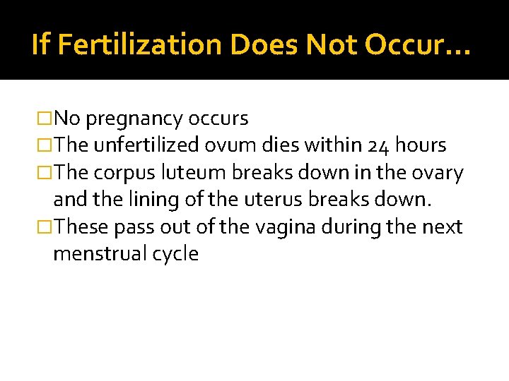 If Fertilization Does Not Occur… �No pregnancy occurs �The unfertilized ovum dies within 24