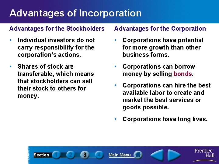 Advantages of Incorporation Advantages for the Stockholders Advantages for the Corporation • Individual investors