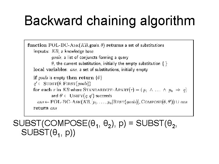 Backward chaining algorithm SUBST(COMPOSE(θ 1, θ 2), p) = SUBST(θ 2, SUBST(θ 1, p))